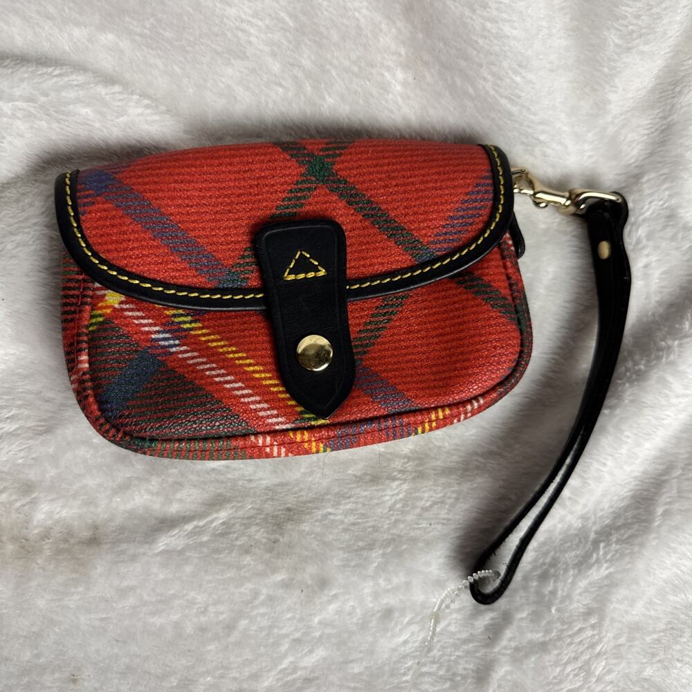 Dooney & Bourke Red Tartan Plaid Wristlet Vintage Canvas Leather Clutch Bag